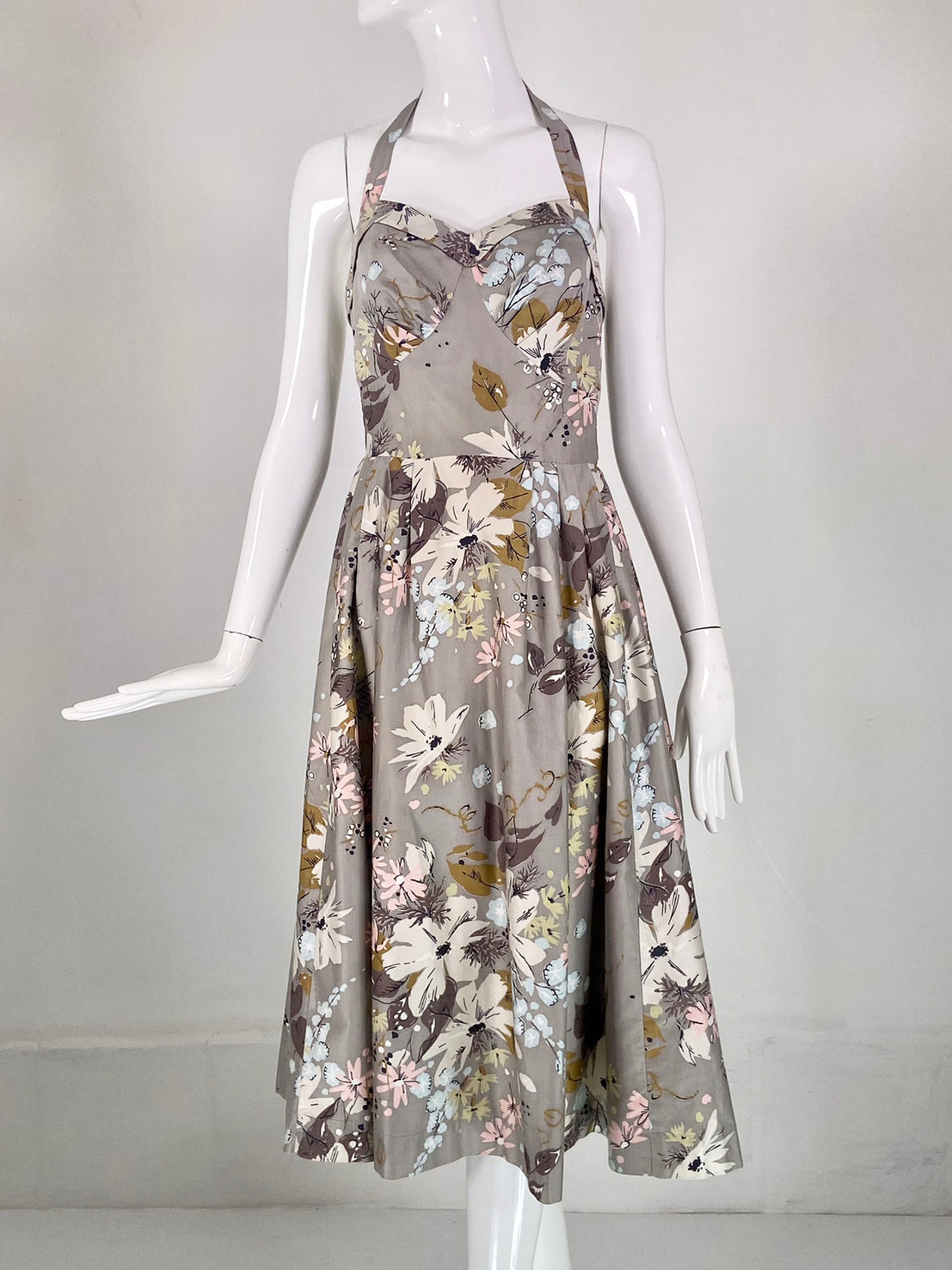 halter neck 1950s dress Alix of Miami Modernist Print Sun – Palm Beach Vintage The only real work Color:Rose Pink scalloped hem Emerald Green Sparkly Mermaid