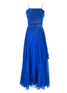 Rose Taft Couture Royal Blue Chiffon Rhinestone Sunburst Evening Gown 1970s