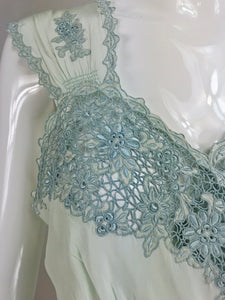 Vintage 1930s Blue Silk Hand Embroidered Cut Work Bias Cut Gown