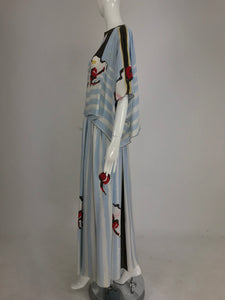 SOLD Michaele Vollbracht Abstract Print Blue and White Stripe Silk Top and Maxi Skirt Set 1980s