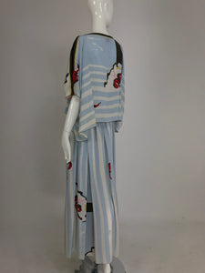 SOLD Michaele Vollbracht Abstract Print Blue and White Stripe Silk Top and Maxi Skirt Set 1980s