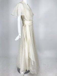 Vintage Ivory Organza Cut Work Summer Evening Party Dress 1940s 10-12