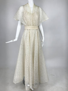 Vintage Ivory Organza Cut Work Summer Evening Party Dress 1940s 10-12