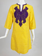 Raw silk tunic in saffron with purple embroidered applique 1960s