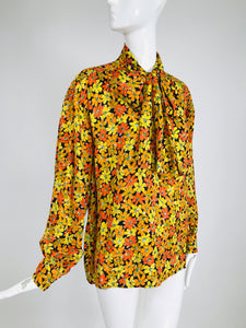 Vintage Yves Saint Laurent Rive Gauche Vibrant Floral Silk Print Bow Tie Blouse
