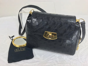 Helene Black Ostrich Cross Body/Clutch handbag Made in Italy 1990s