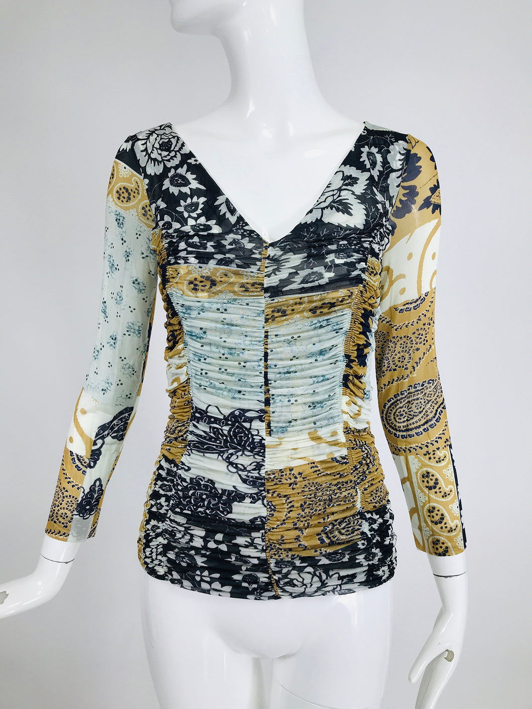 Etro Printed Shirred Mesh Jersey Mix Print Top