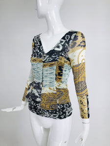 Etro Printed Shirred Mesh Jersey Mix Print Top