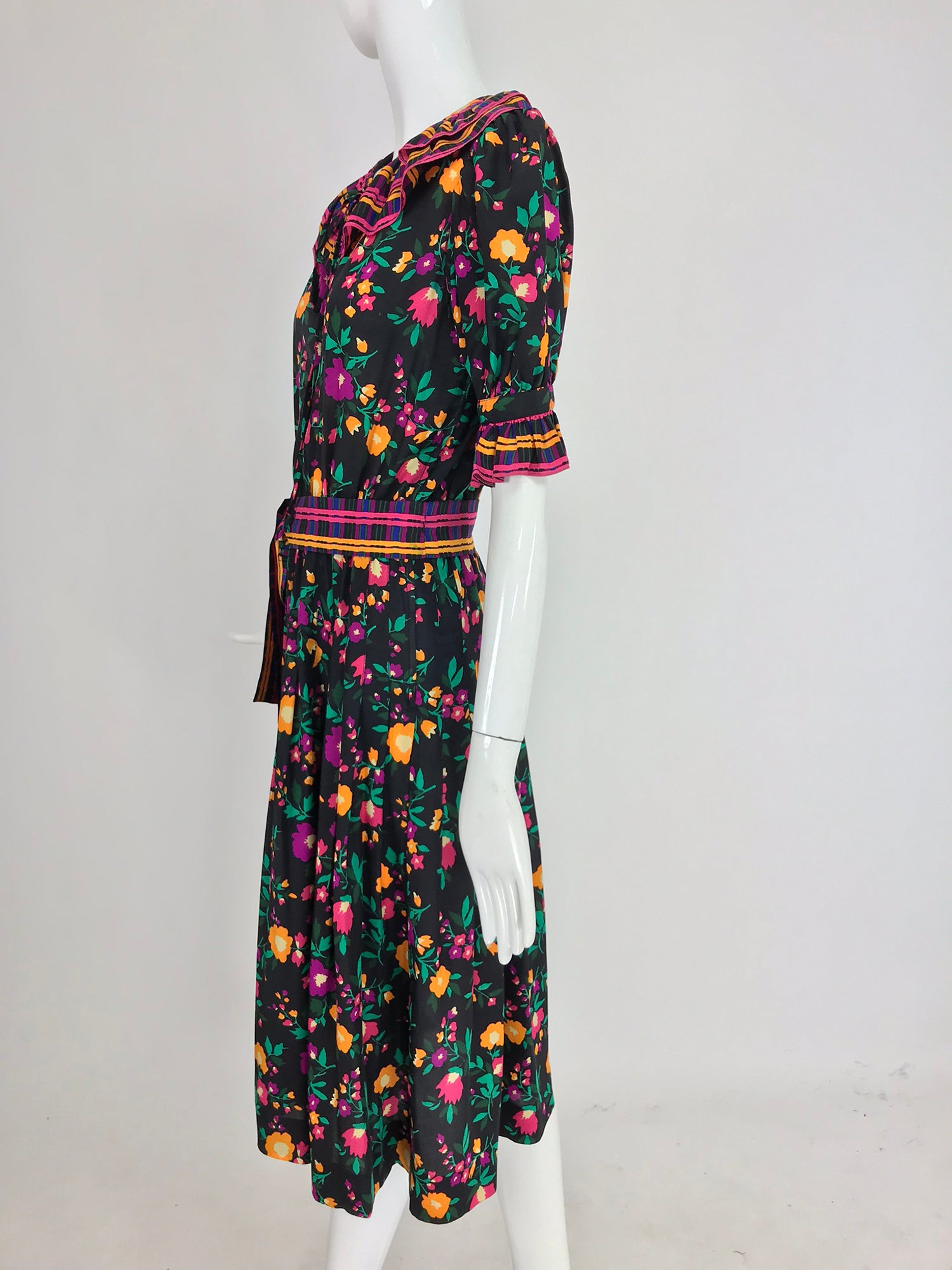 SOLD Yves Saint Laurent Rive Gauche floral silk mix print dress 1970s   Palm Beach Vintage