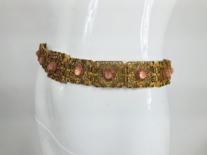 SOLD Gold Metal Filigree Link Belt Pink Textured Glass and Rhinestones 1960s