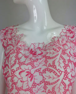 Vintage 1960s Pink and White cut Work Organza Classic Palm Beach Evening Dress