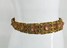 SOLD Gold Metal Filigree Link Belt Pink Textured Glass and Rhinestones 1960s