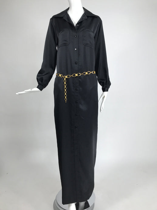 Oscar de la Renta Black Satin At Home Black Satin Button Front Shirt Dress 1970s