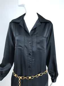 Oscar de la Renta Black Satin At Home Black Satin Button Front Shirt Dress 1970s