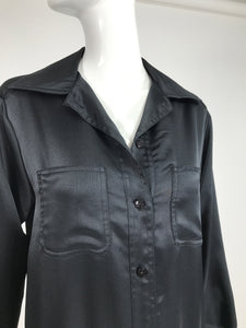 SOLD Oscar de la Renta Black Satin At Home Black Satin Button Front Shirt Dress 1970s