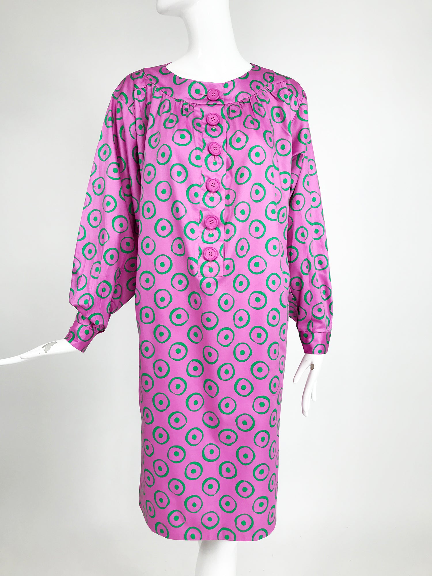 Yves Saint Laurent Hot Pink Green Circle Polished Cotton Smock Dress V Palm Beach Vintage Yves Saint Laurent Hot Pink Green Circle Polished Cotton Smock Dress V Palm Beach Vintage