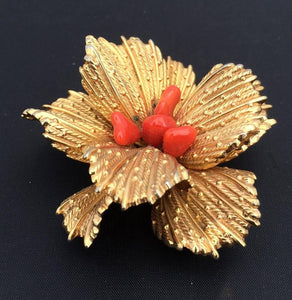 SOLD Gold Floral Brooch With Coral Center Grosse Germany 1960s