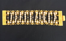 Wide embossed gold and pearl with rhinestone bracelet