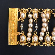 Wide embossed gold and pearl with rhinestone bracelet