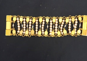 Wide embossed gold and pearl with rhinestone bracelet
