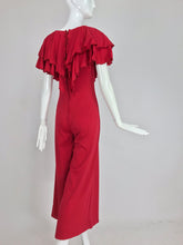 Red Jersey Ruffle Shoulder Plunge Jumpsuit 1970s