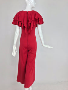Red Jersey Ruffle Shoulder Plunge Jumpsuit 1970s