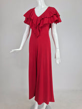 Red Jersey Ruffle Shoulder Plunge Jumpsuit 1970s