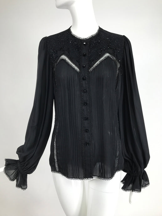 Oscar de la Renta Black Silk Beaded Poet Sleeve Blouse