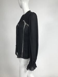 Oscar de la Renta Black Silk Beaded Poet Sleeve Blouse