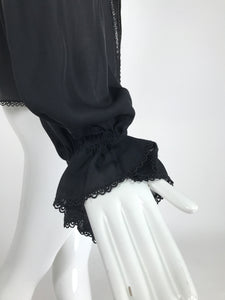 Oscar de la Renta Black Silk Beaded Poet Sleeve Blouse