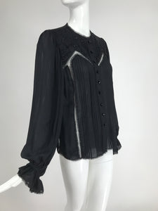 Oscar de la Renta Black Silk Beaded Poet Sleeve Blouse
