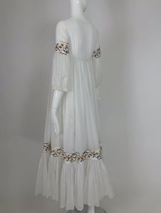 Vintage 1960s White Gauze Peasant Dress Betty Paige Tapestry Ribbon Trim