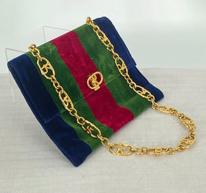 Roberta di Camerino Velvet Stripe Flap Bag With Gold R Chain 1970s