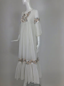 Vintage 1960s White Gauze Peasant Dress Betty Paige Tapestry Ribbon Trim