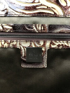 Fendi Flap Front Wide Brown & Cream Tooled leather Shoulder Bag Clutch