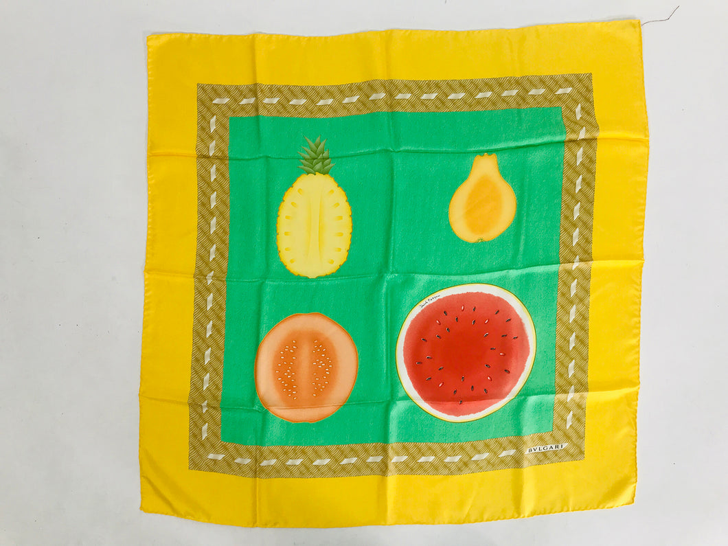 Bulgari Colourful Fruits Silk Twill Scarf Designed by Davide Pizzigoni 34.5 x 34