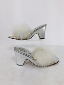 1960s Boutique Julianelli Silver Leather Marabou Vinyl Mules Shoes 9M Vintage
