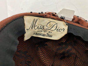 SOLD Vintage Miss Dior Christian Dior Beaded Copper Silk Black Net Beret 1960s