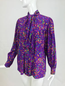 SOLD Yves Saint Laurent purple and coloured dots silk bow tie blouse 1970s