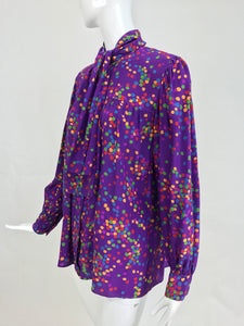 SOLD Yves Saint Laurent purple and coloured dots silk bow tie blouse 1970s