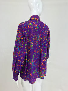 SOLD Yves Saint Laurent purple and coloured dots silk bow tie blouse 1970s