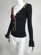 Roberto Cavalli Black Jersey V Plunge Laced  Front Long Sleeve Top