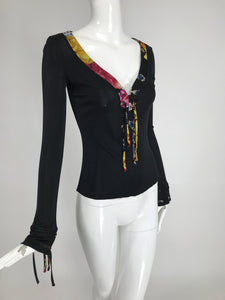 Roberto Cavalli Black Jersey V Plunge Laced  Front Long Sleeve Top