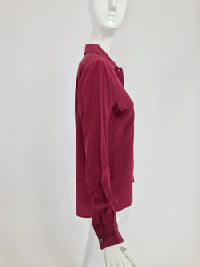 Vintage Yves Saint Laurent Rive Gauche Burgundy Silk Double Pocket Blouse 1970s