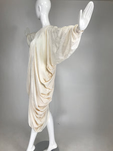 Alik Singer Cream Silk Jacquard Satin Bias Draped Bat Wing Dress 1980s