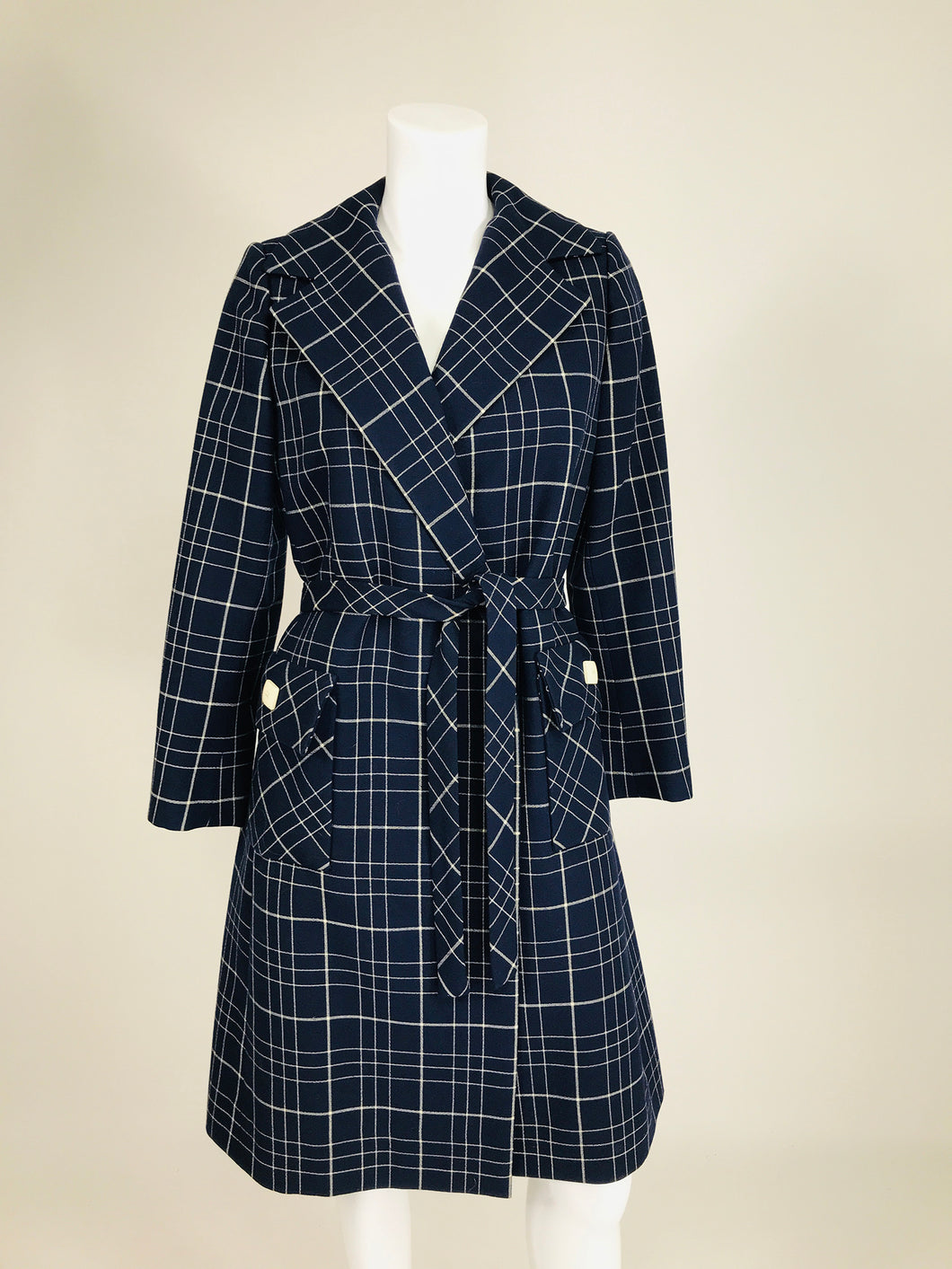 Adele Simpson 1960s Navy & White Wool Plaid  Wrap Coat