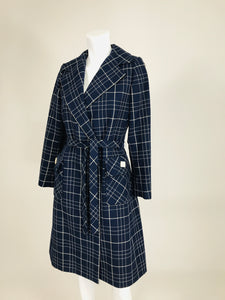 Adele Simpson 1960s Navy & White Wool Plaid  Wrap Coat