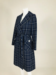 Adele Simpson 1960s Navy & White Wool Plaid  Wrap Coat