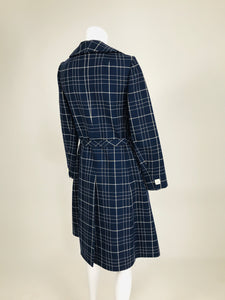 Adele Simpson 1960s Navy & White Wool Plaid  Wrap Coat