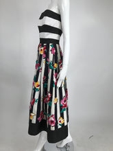 Victor Costa Strapless Black and White Stripe Floral Fit and Flare Dress